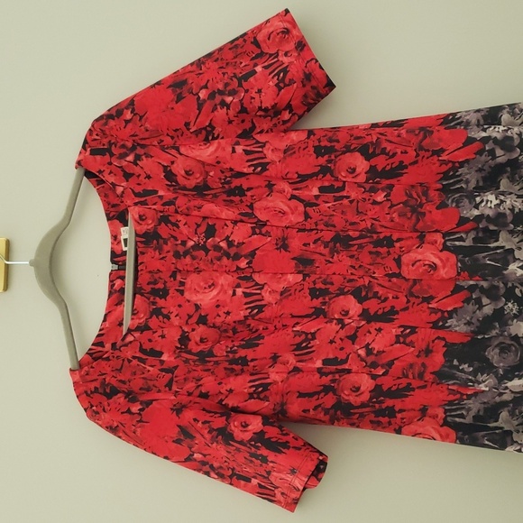 Julian Taylor Midi Dress 16 Red Black Gray Roses A-Line Wedding Guest Church - Picture 2 of 14